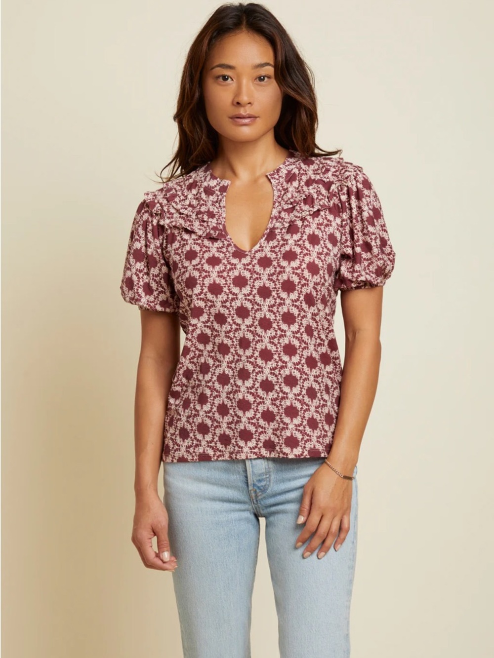 Nation LTD Judith Tee Ikat Floral Notch Neck Puff Sleeve Top Mauve Top